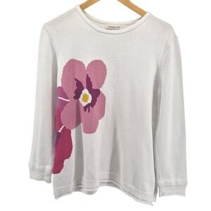 Coldwater Creek Womens White Floral Print Knit Sweater Size Medium Cottagecore